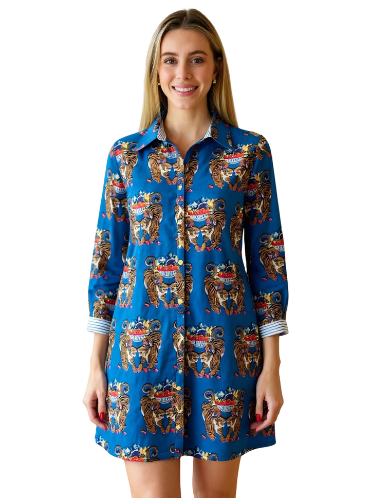 The Cullen Button Front Shirt Dress in Royal blue Twinning Tiger Cotton