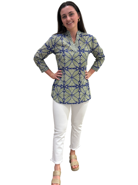The Brie Embroidered Trim Tunic in Navy Green — view 4