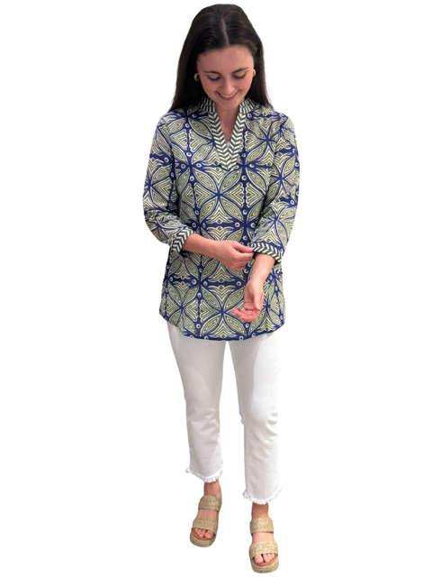 The Brie Embroidered Trim Tunic in Navy Green — view 5