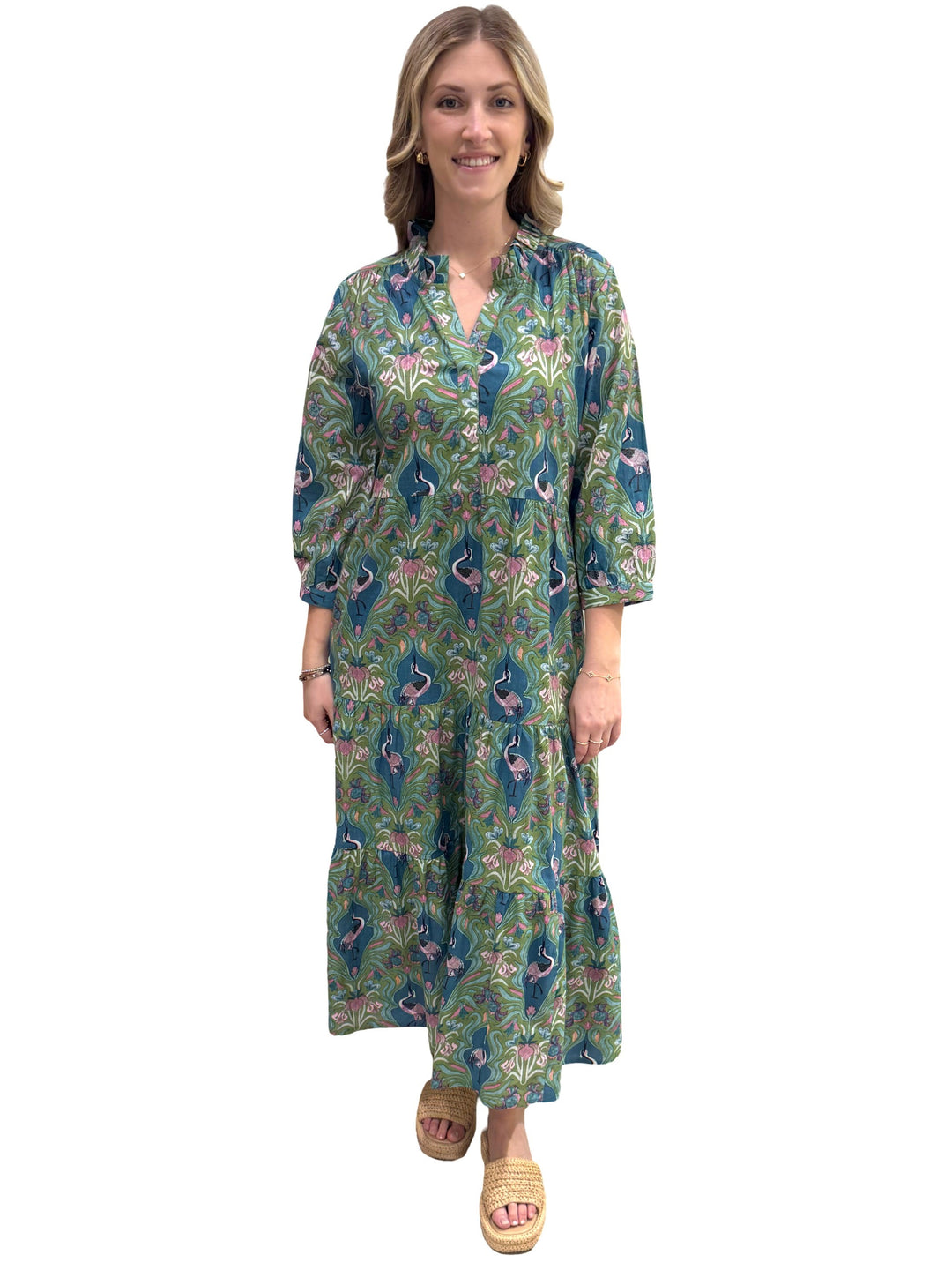 The Campbell Cotton Dress in Blue Green Bird Print — view 5