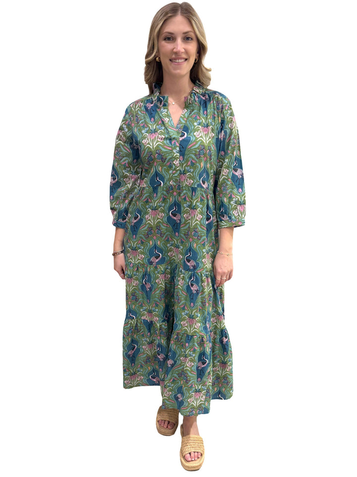 The Campbell Cotton Dress in Blue Green Bird Print — view 5
