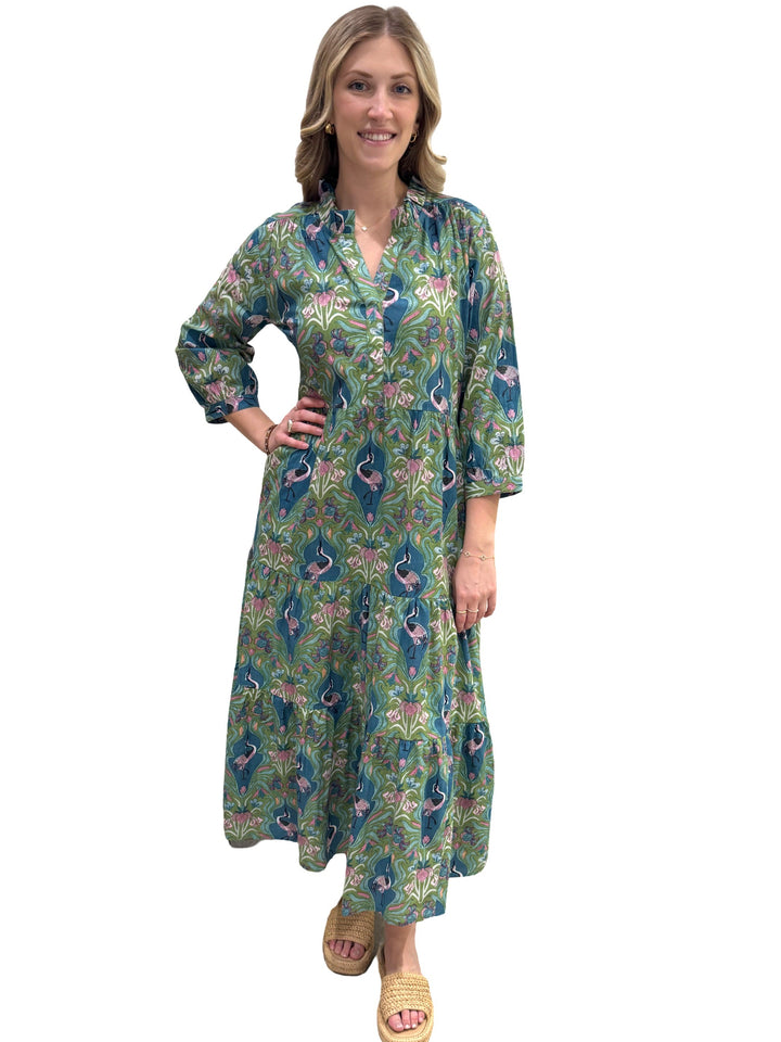 The Campbell Cotton Dress in Blue Green Bird Print — view 4