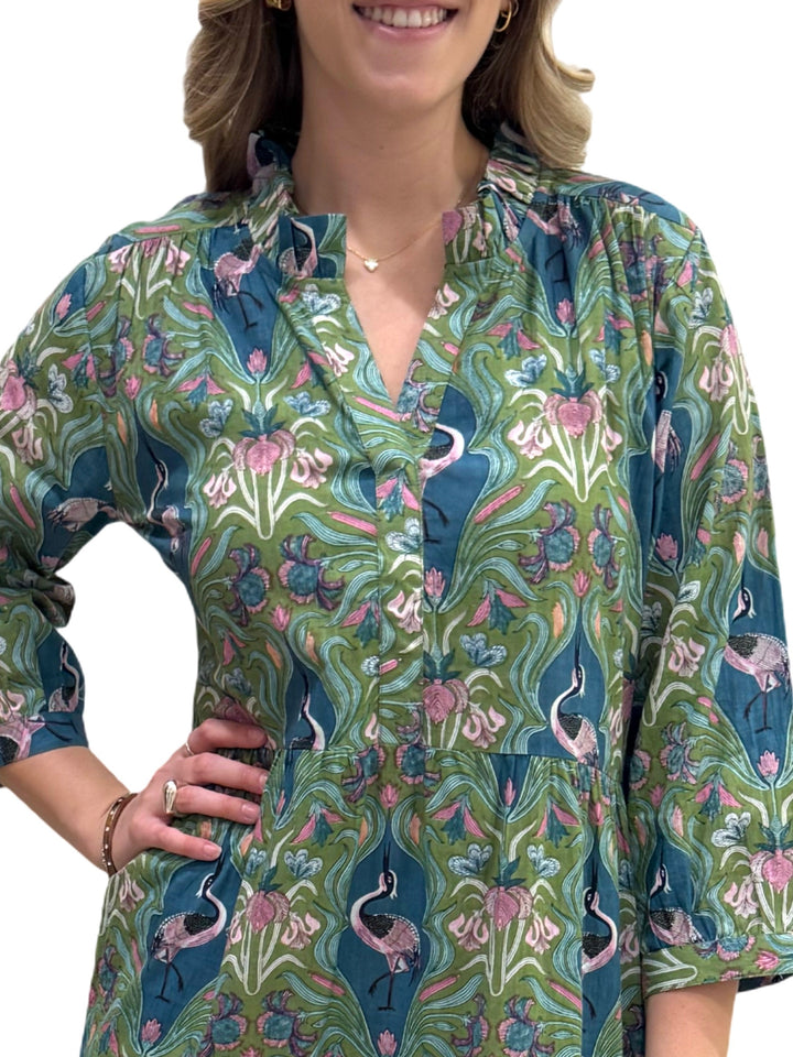 The Campbell Cotton Dress in Blue Green Bird Print — view 3