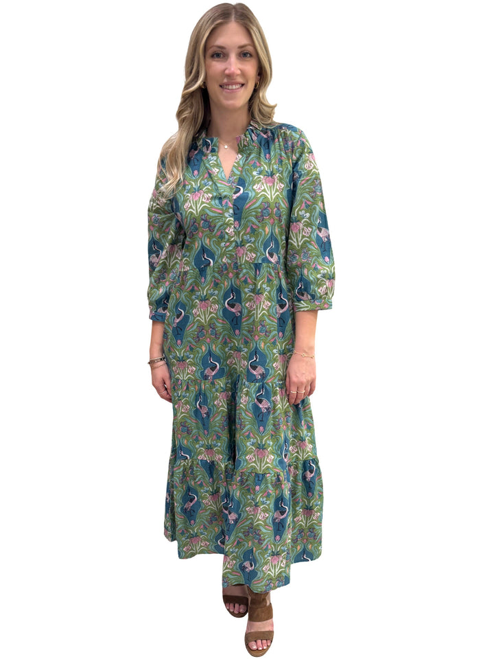 The Campbell Cotton Dress in Blue Green Bird Print — view 2