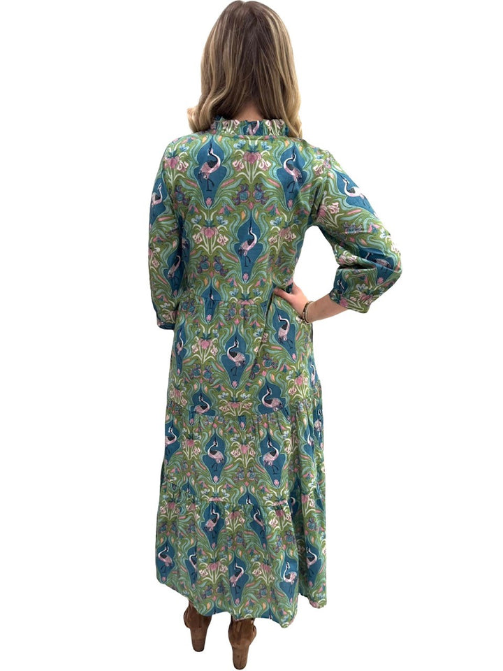 The Campbell Cotton Dress in Blue Green Bird Print — view 6