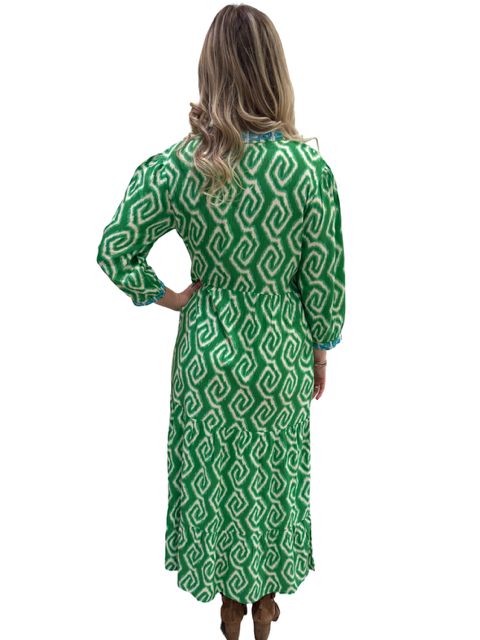 The Addison Embroidered Trim Notch Neck Dress in Green Ikat — view 7