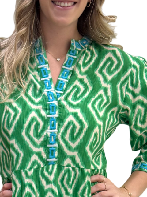 The Addison Embroidered Trim Notch Neck Dress in Green Ikat — view 6