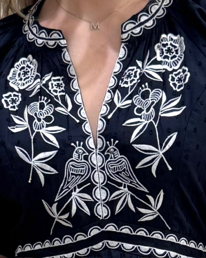 The Gabby Embroidered Short Cotton Dress in Navy and White — view 3