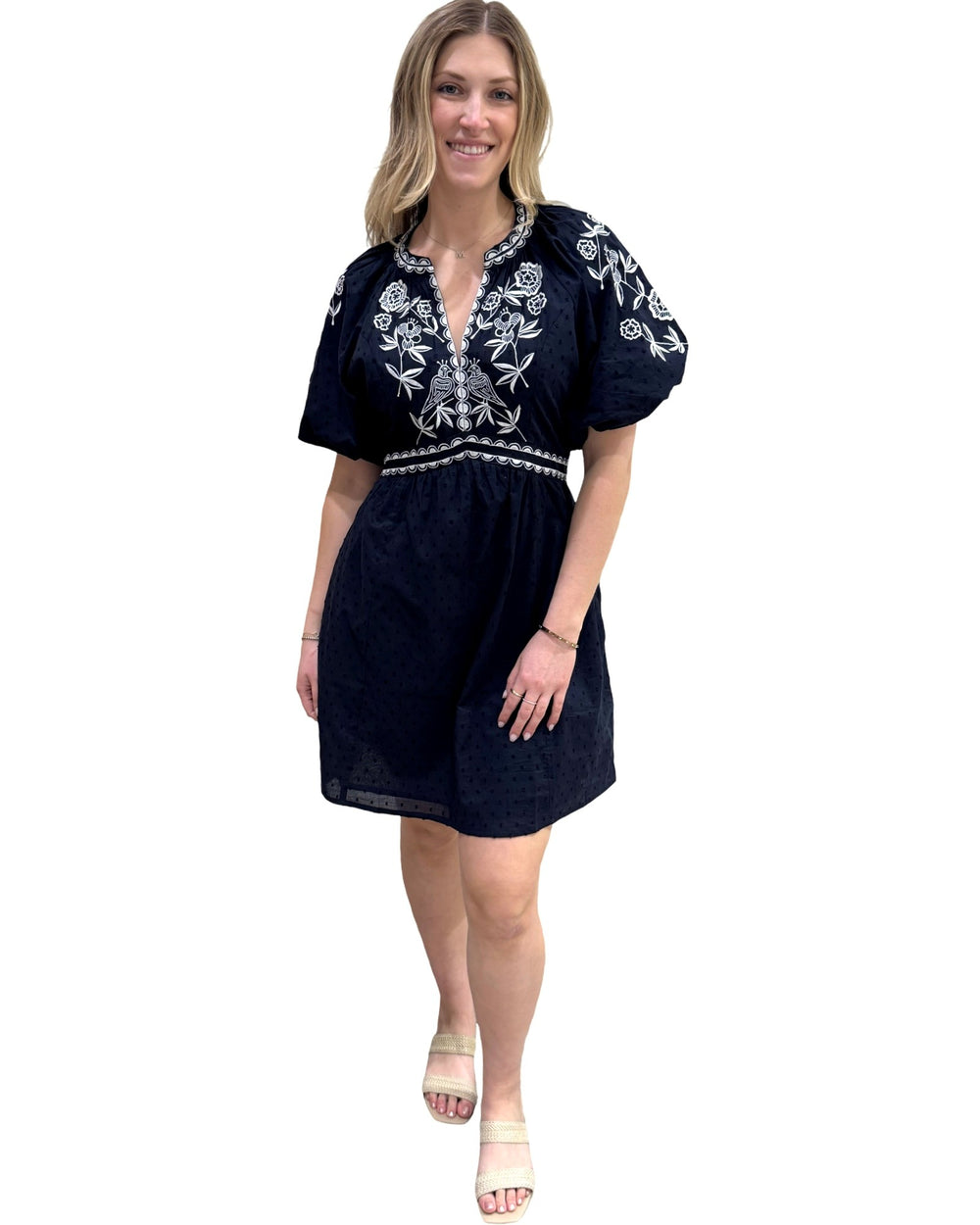 The Gabby Embroidered Short Cotton Dress in Navy and White — view 2