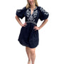 The Gabby Embroidered Short Cotton Dress in Navy and White