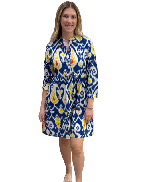 The Hamilton Tie Front Dress in Blue Cotton Ikat — view 4