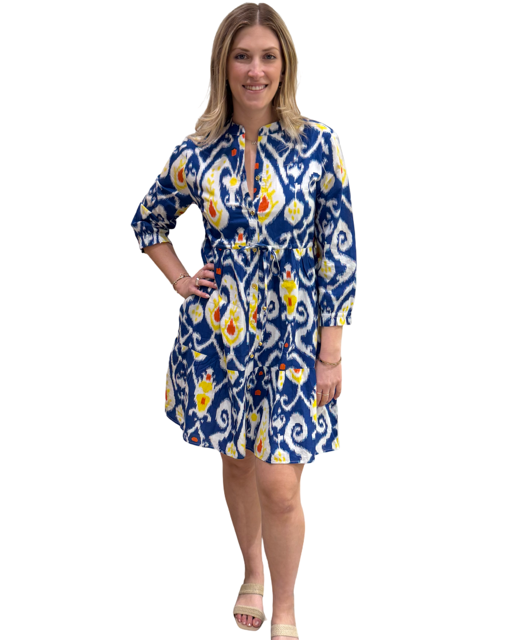 The Hamilton Tie Front Dress in Blue Cotton Ikat — view 3