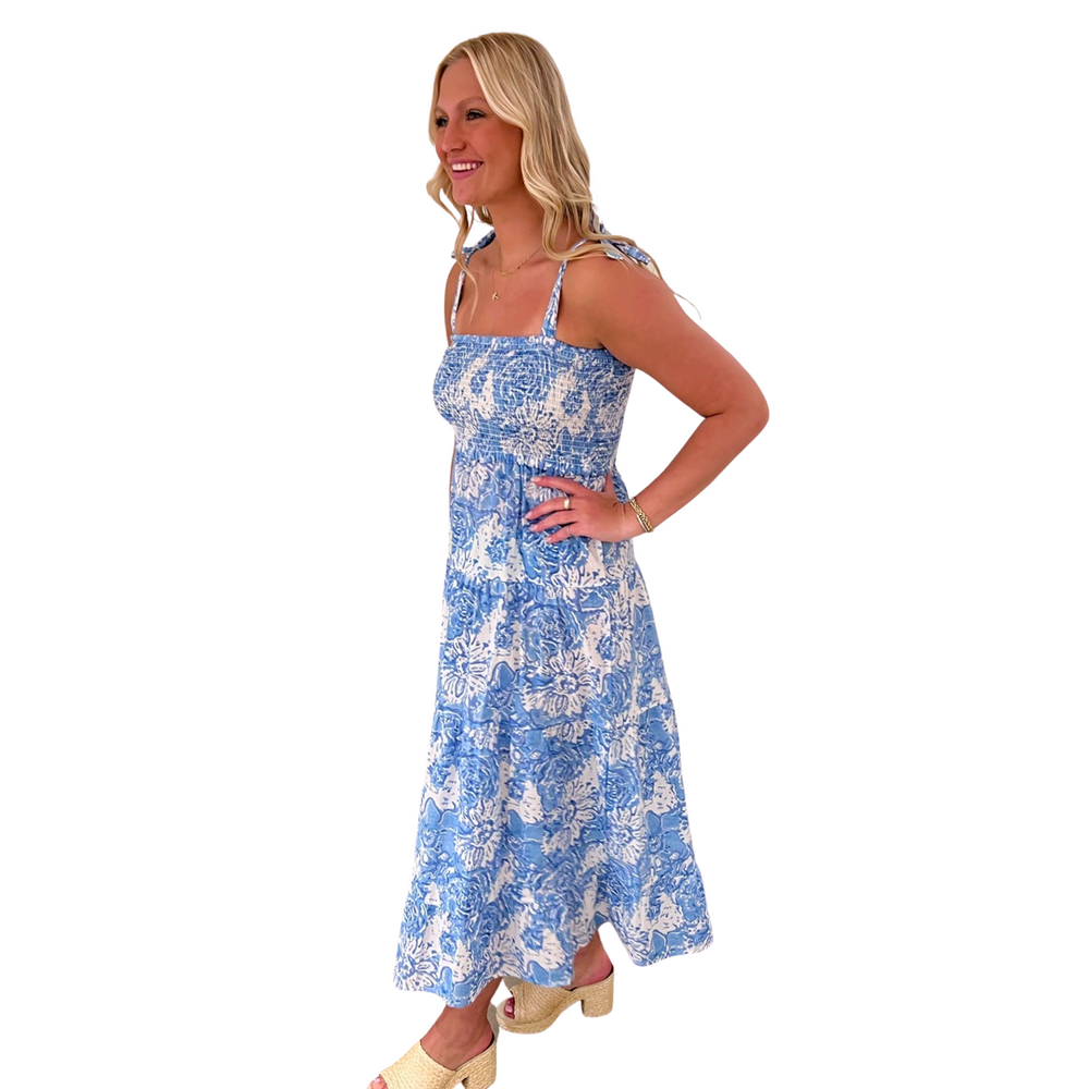 The Rebecca Smocked Top Tie Shoulder Dress in Blue and White Floral — view 2