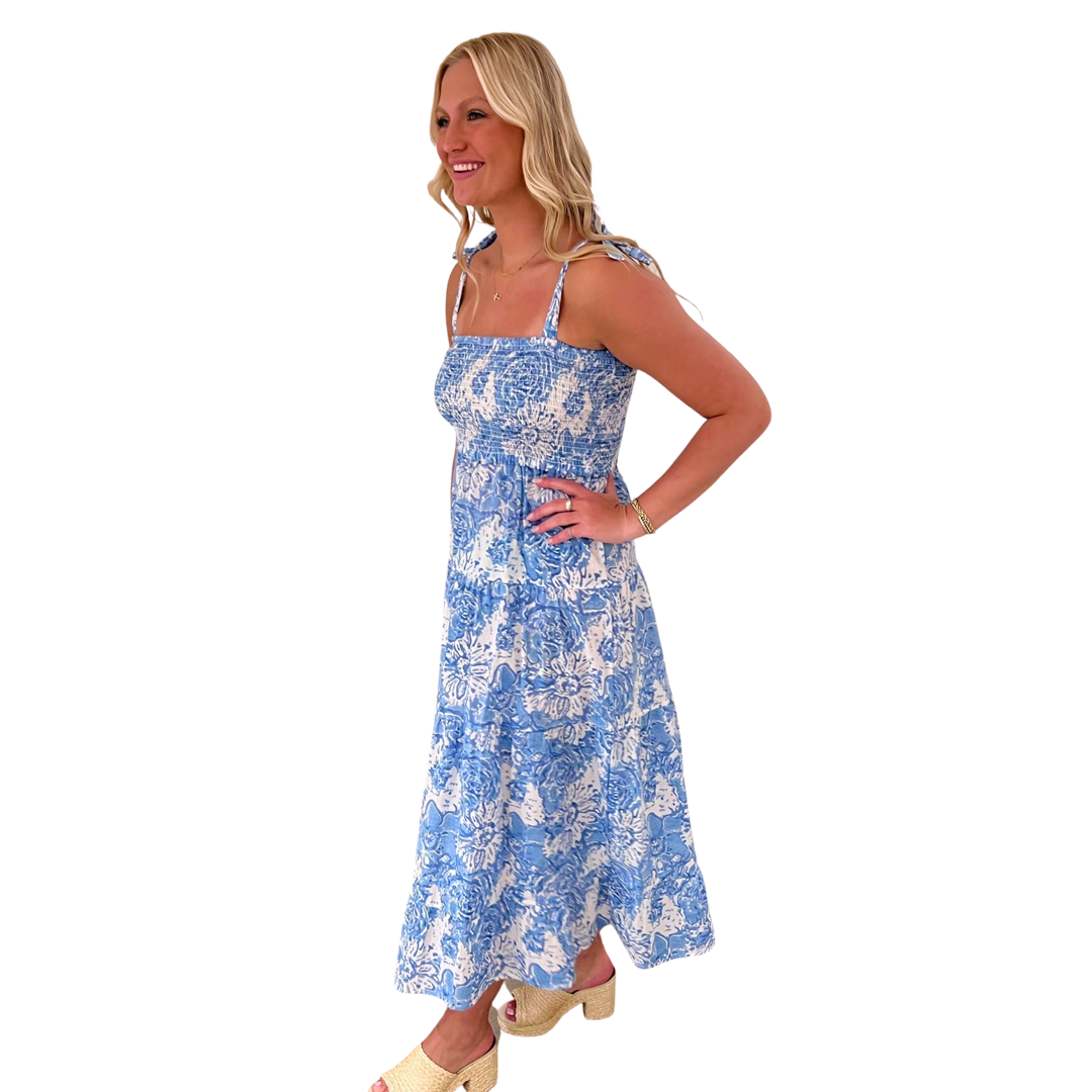 The Rebecca Smocked Top Tie Shoulder Dress in Blue and White Floral — view 2