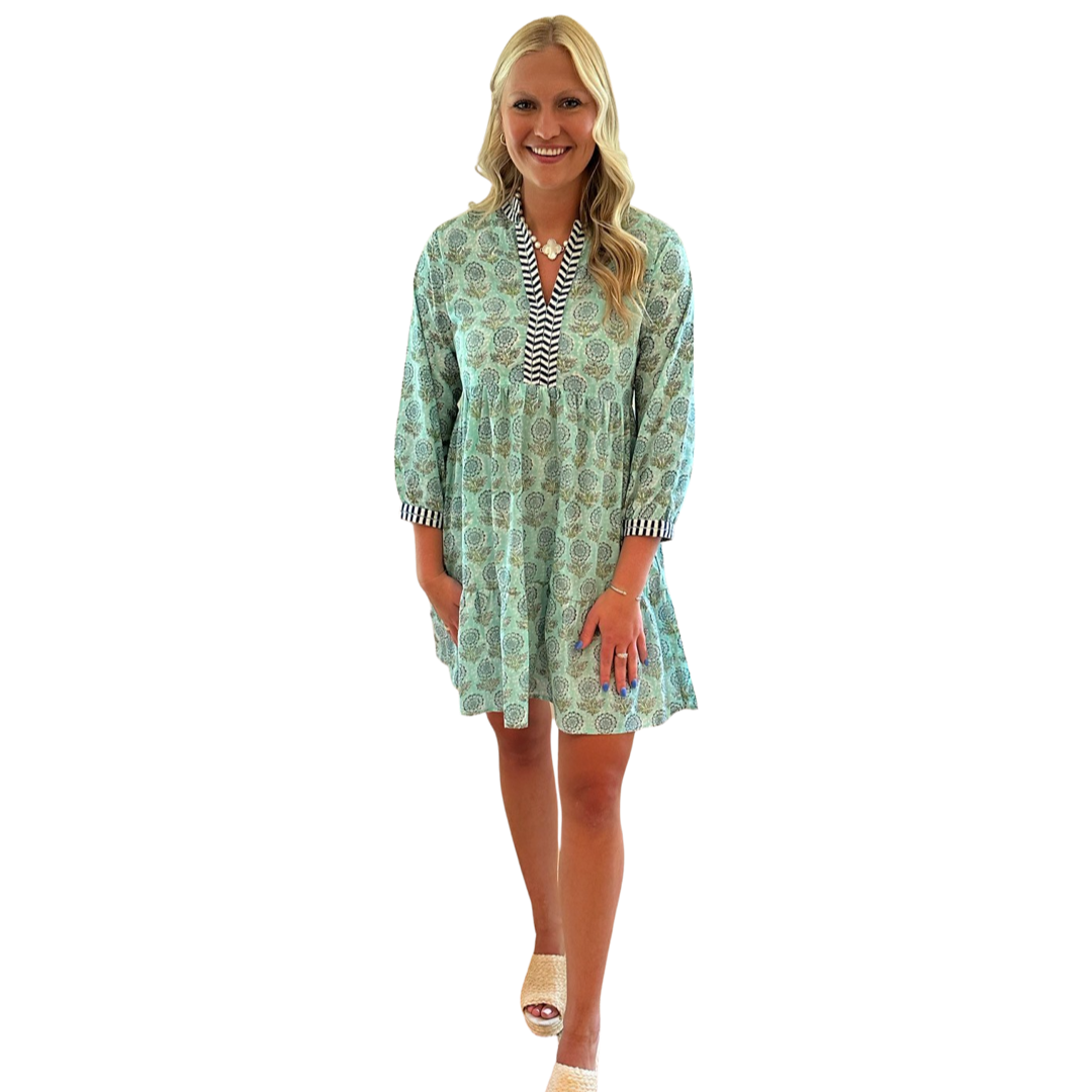 The Naomi Hand Blocked Floral Embroidered Trim Dress in Aqua — view 4