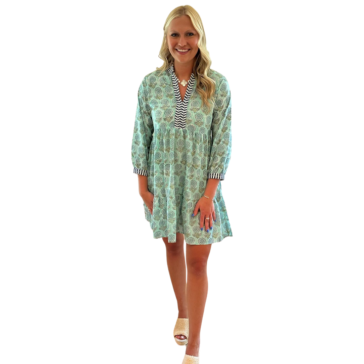The Naomi Hand Blocked Floral Embroidered Trim Dress in Aqua — view 4