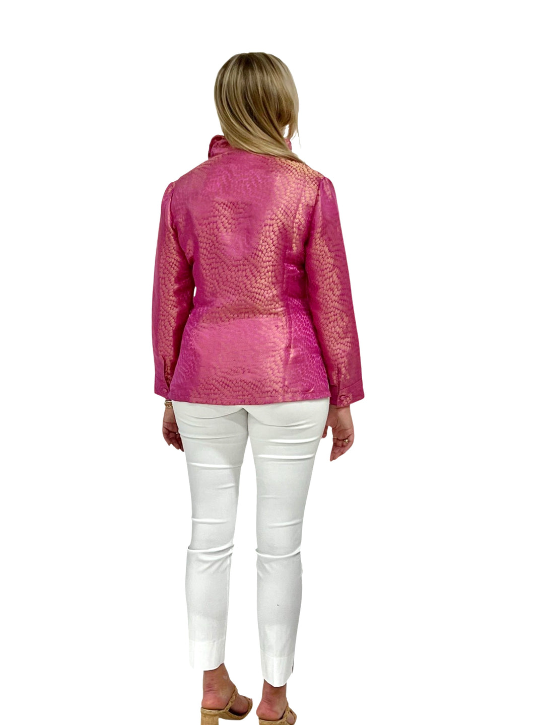 The Diana Button Front Ruffle Collar Top in Pink and Gold Jaquard — view 5