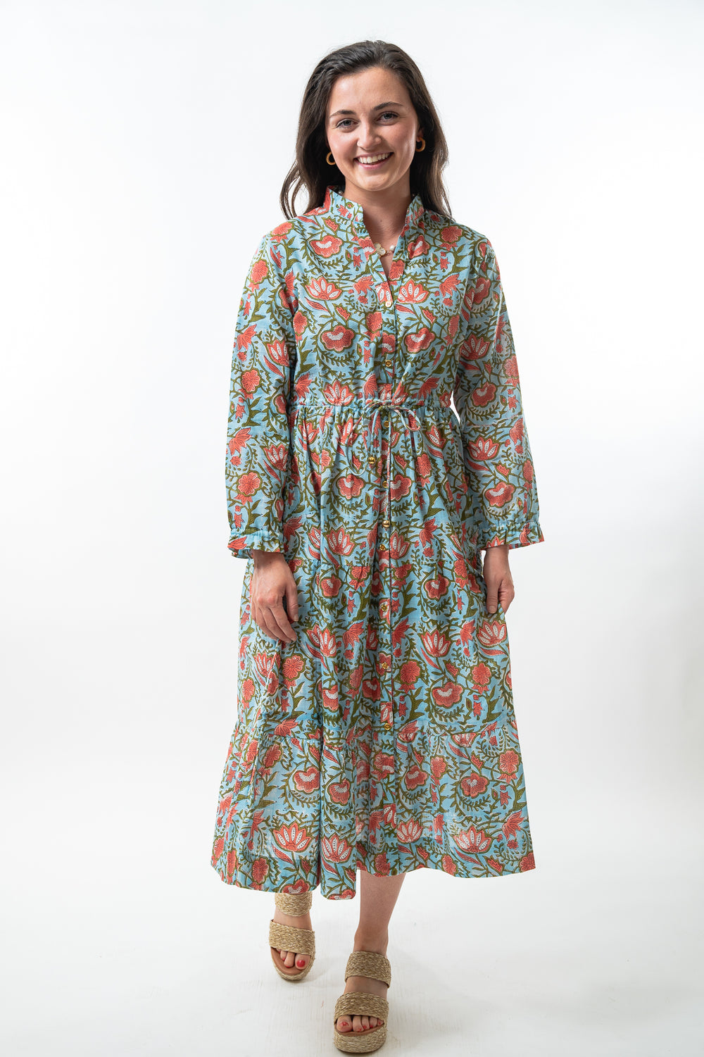 The Hamilton Cinch Waist Long Length Dress in Turquoise and Coral Hand Block Floral — view 2