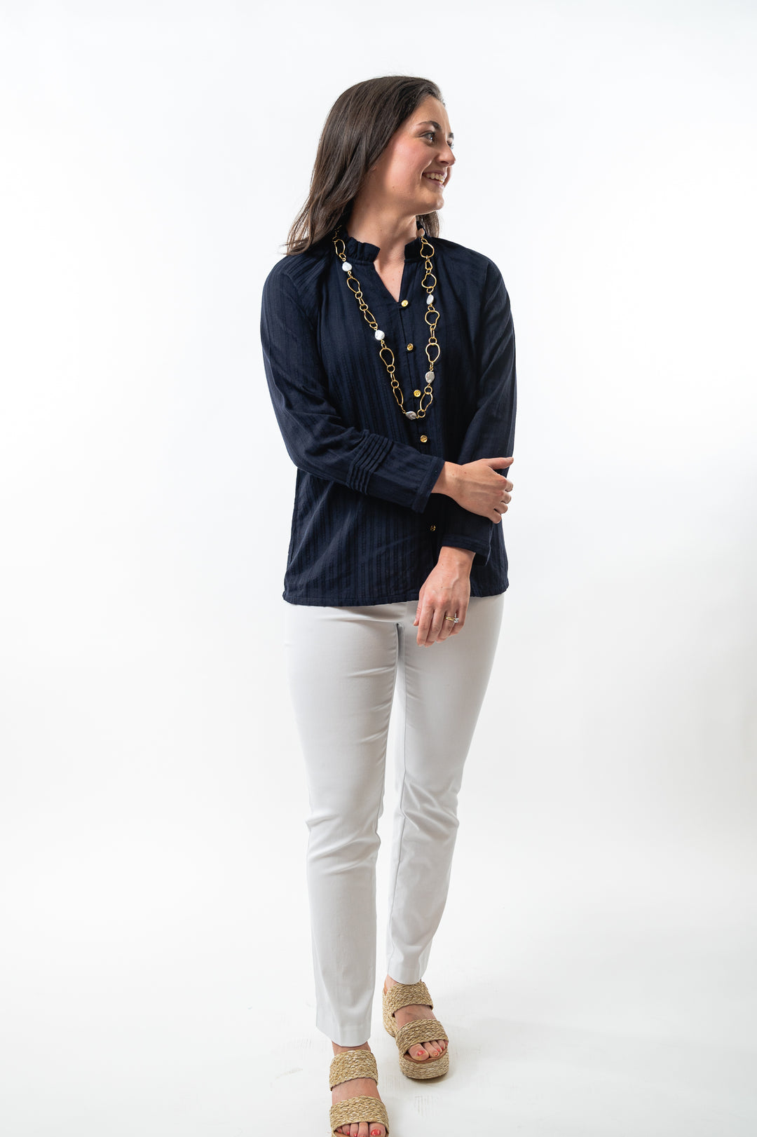 The Clayton Textured Stripe Navy Button Front Top — view 5