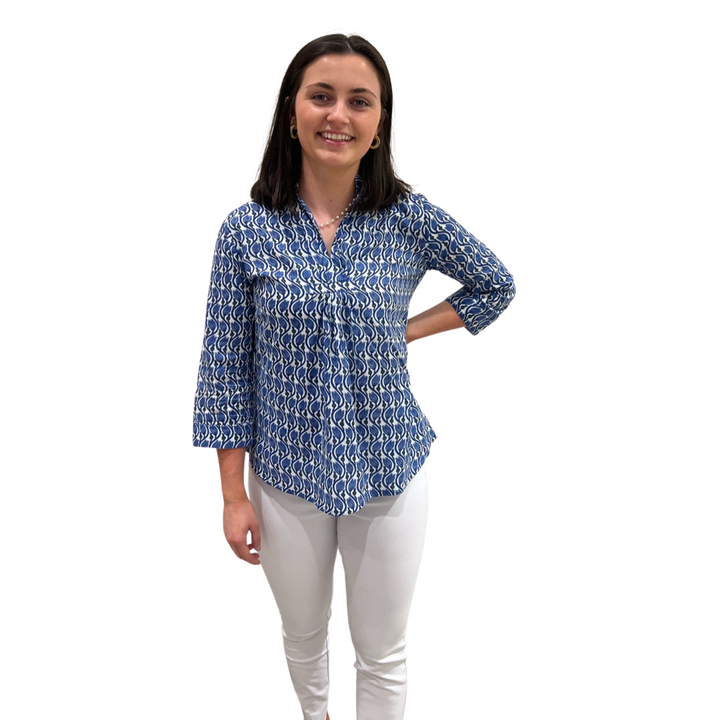 The Eloise Cotton Block Print Top in Blue Tulip Floral — view 3