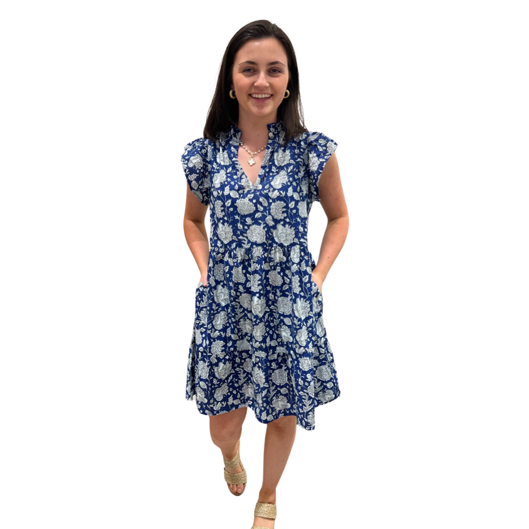 The Tinley Blue White Floral Cotton Block Print Short Dress