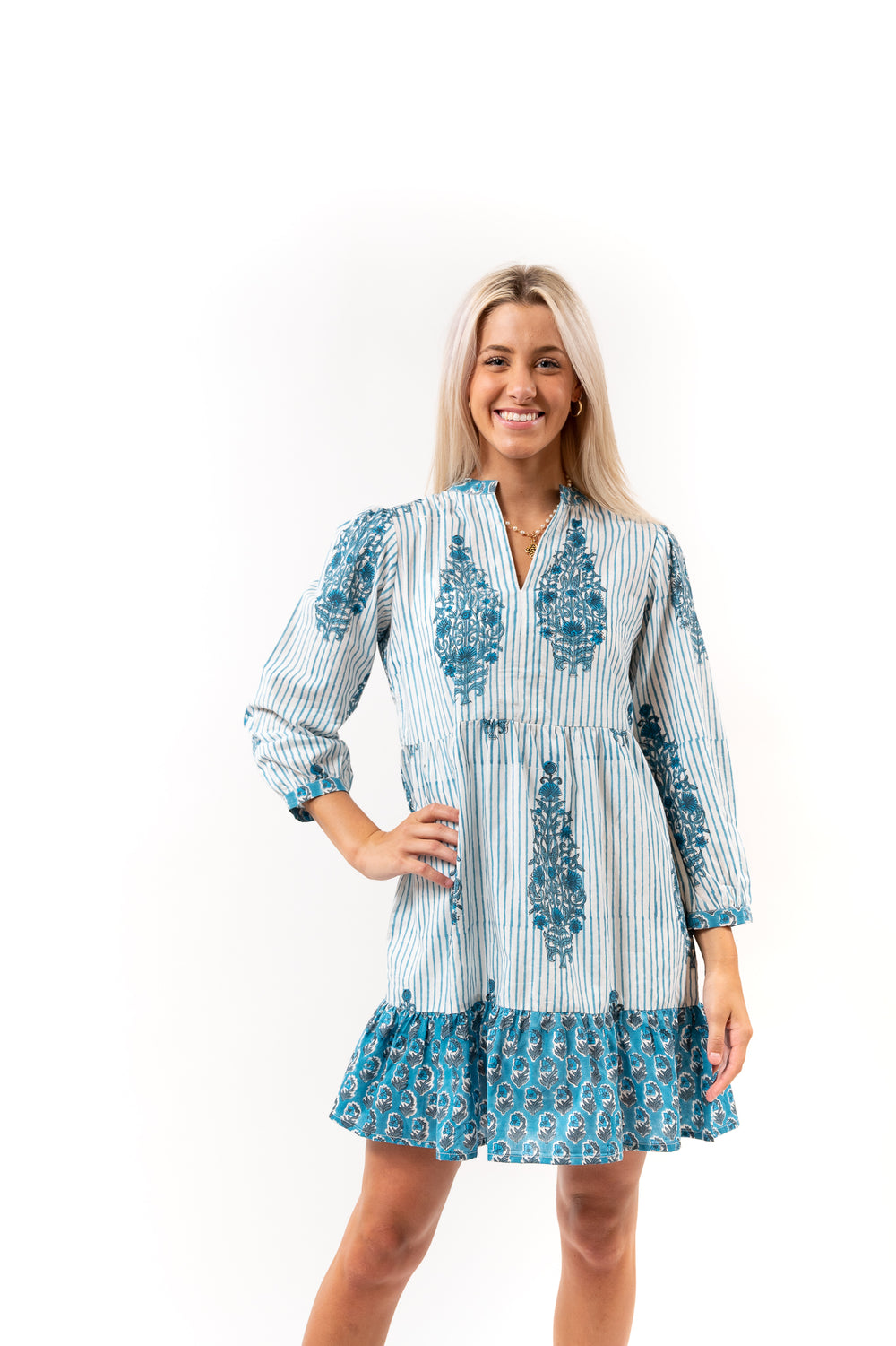 The Cotton Block Print Louisa Dress in Teal — view 2
