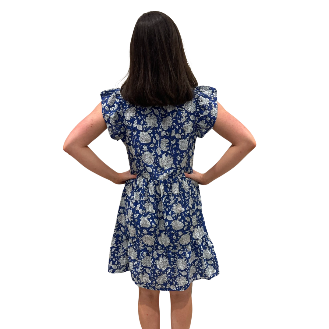 The Tinley Blue White Floral Cotton Block Print Short Dress — view 4