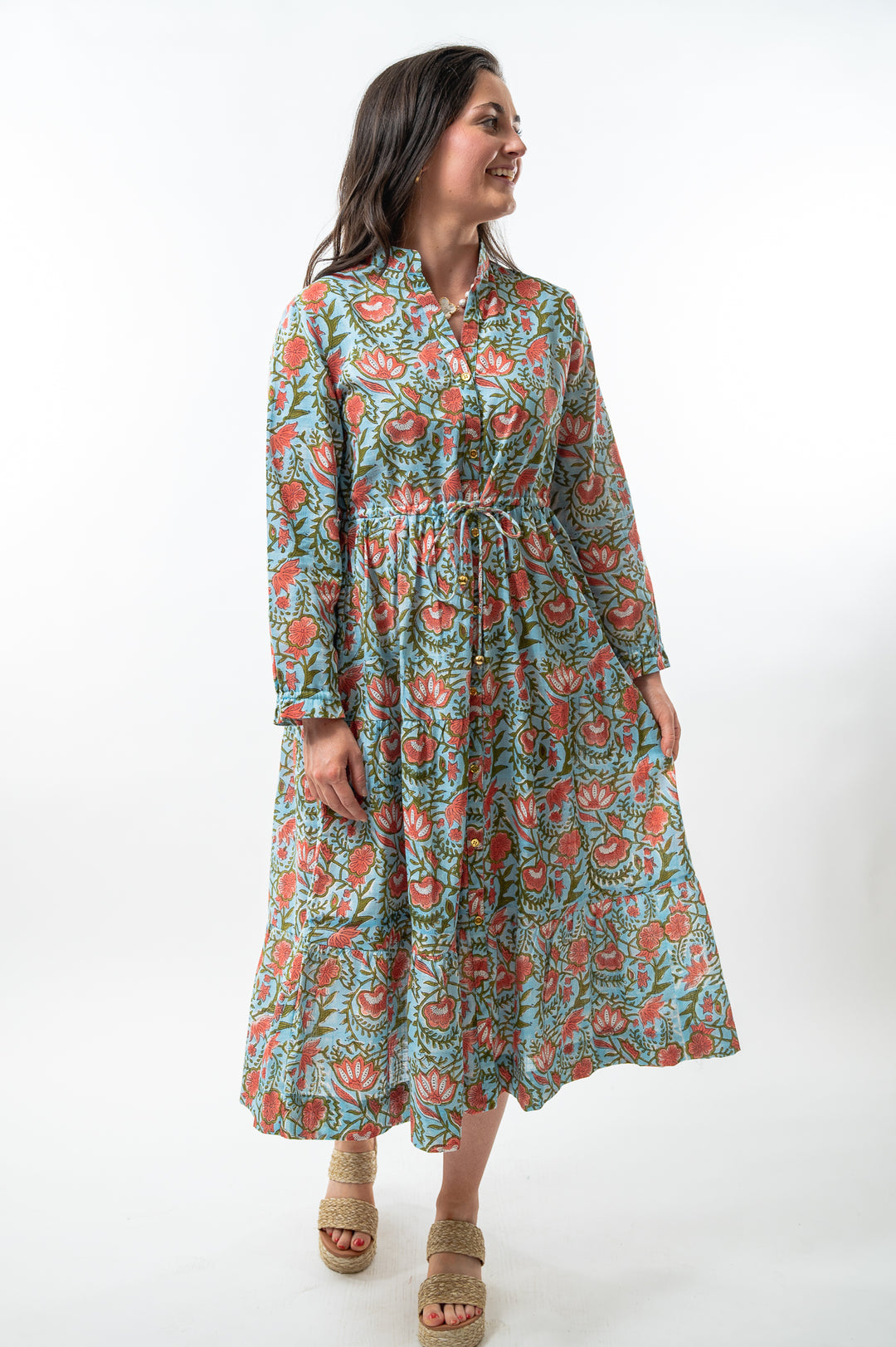 The Hamilton Cinch Waist Long Length Dress in Turquoise and Coral Hand Block Floral — view 5