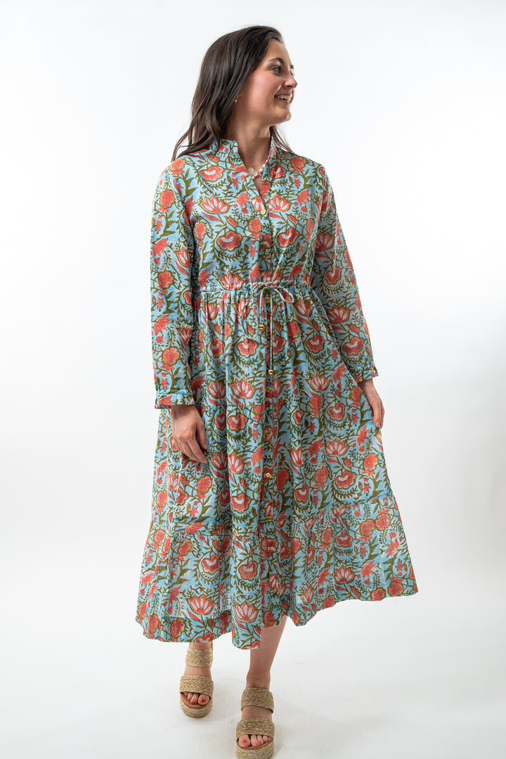 The Hamilton Cinch Waist Long Length Dress in Turquoise and Coral Hand Block Floral — view 5