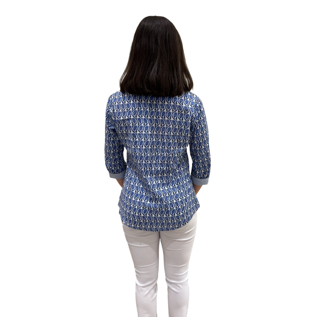 The Eloise Cotton Block Print Top in Blue Tulip Floral — view 4