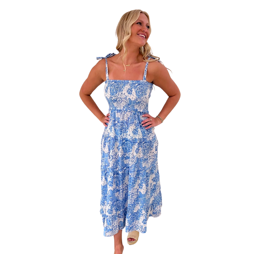 The Rebecca Smocked Top Tie Shoulder Dress in Blue and White Floral — view 3
