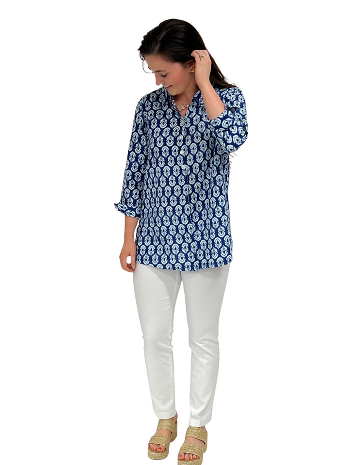 The Mason Navy Blue and White Cotton Button Back Top