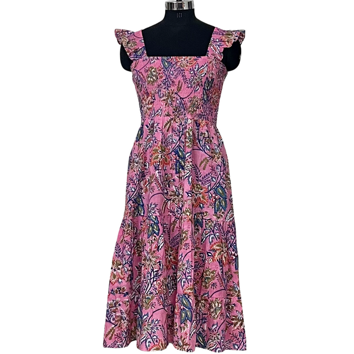 The Cloey Pretty-in-Pink Cotton Block Print Smocked Dress — view 5
