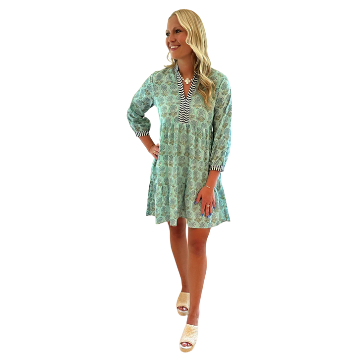 The Naomi Hand Blocked Floral Embroidered Trim Dress in Aqua — view 3