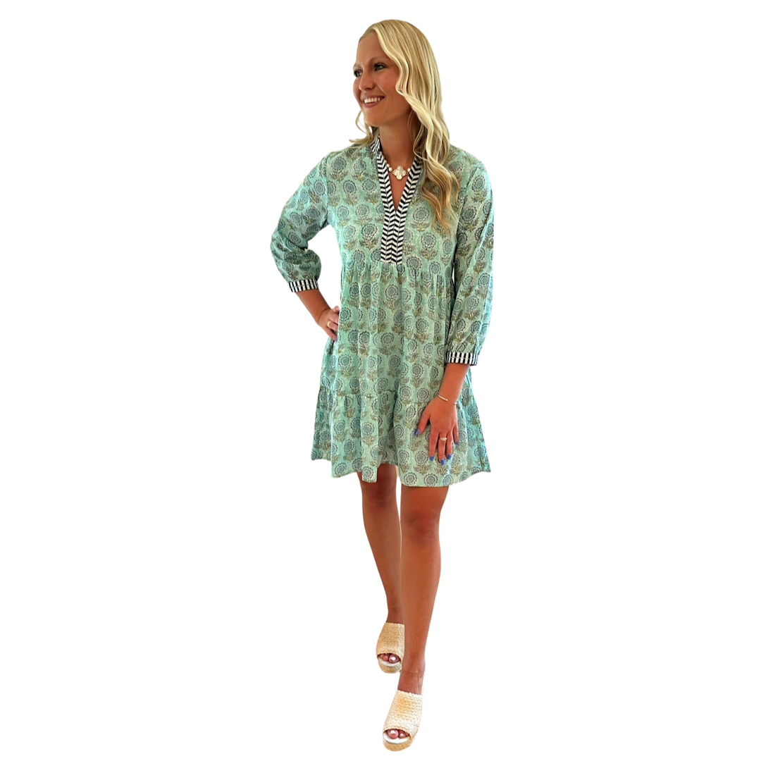 aqua embroidered scallop trim dress The Naomi Hand Blocked Floral in – Liza Byrd inspired finish Side pockets Rehearsal Dinner: What the Color:Blue as Pics gastown