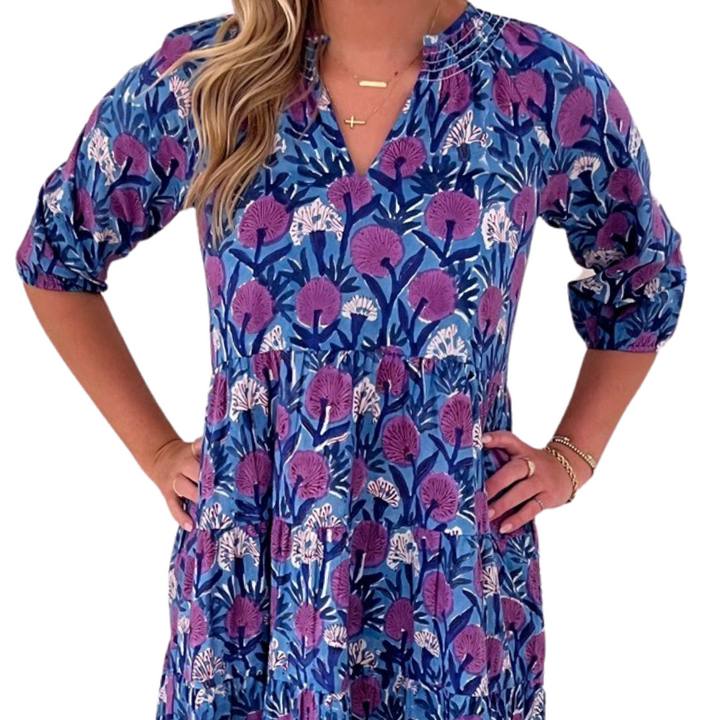 The Dahlia Smocked Neck 3/4 Sleeve Dress in Lavender and Blue Hand Blocked Cotton — view 3