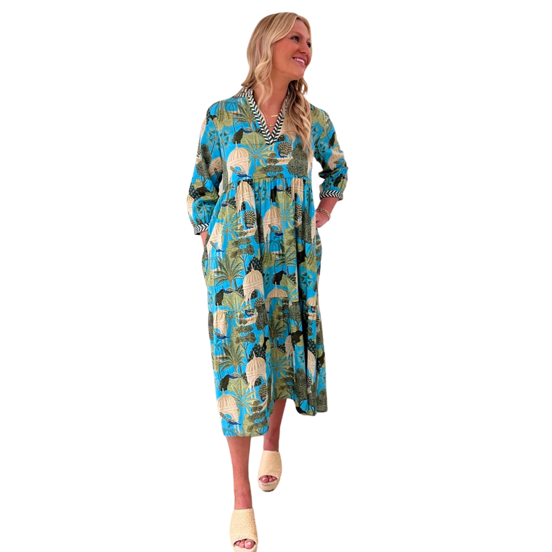 The Morley Long Length Dress in Turquoise Tropical Cabana Cotton — view 4
