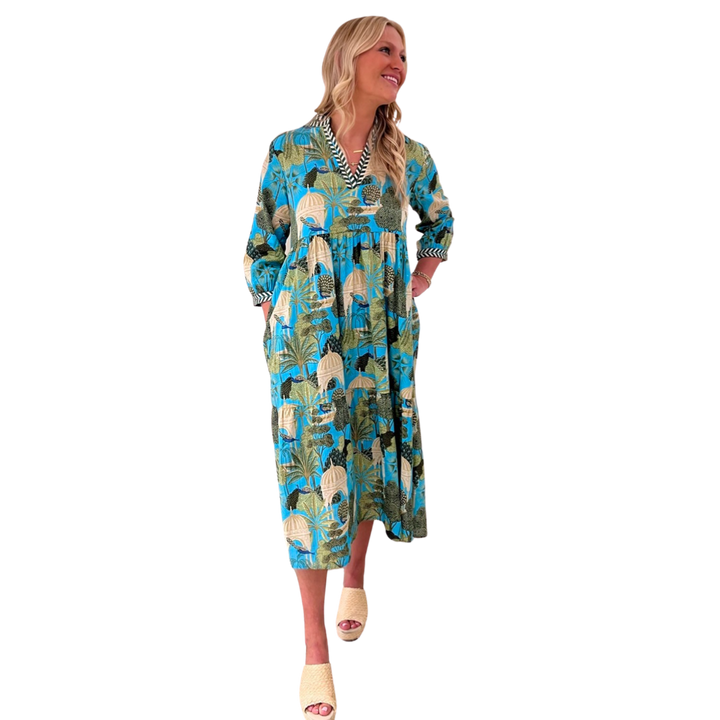 The Morley Long Length Dress in Turquoise Tropical Cabana Cotton — view 4
