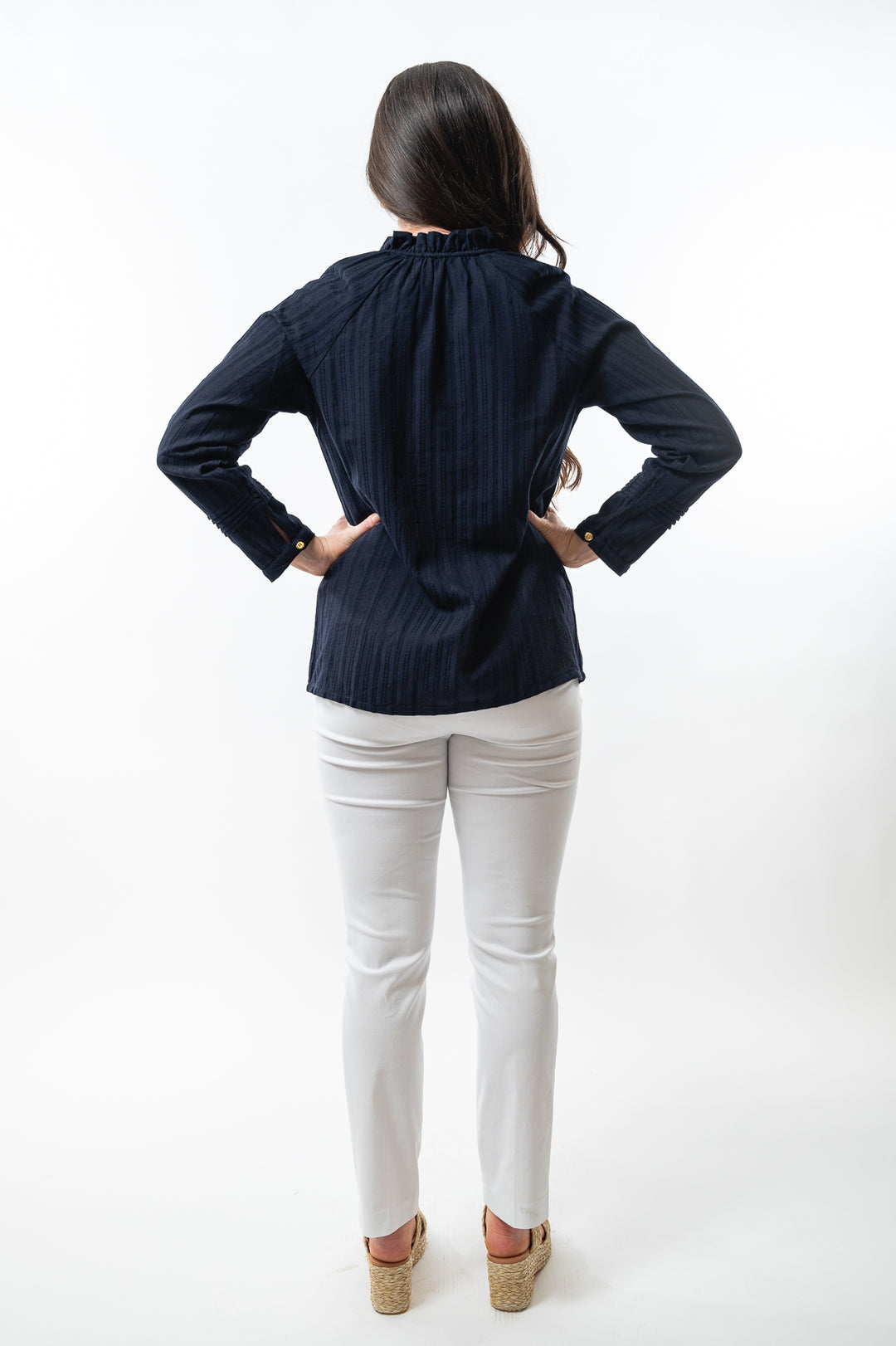 The Clayton Textured Stripe Navy Button Front Top — view 2