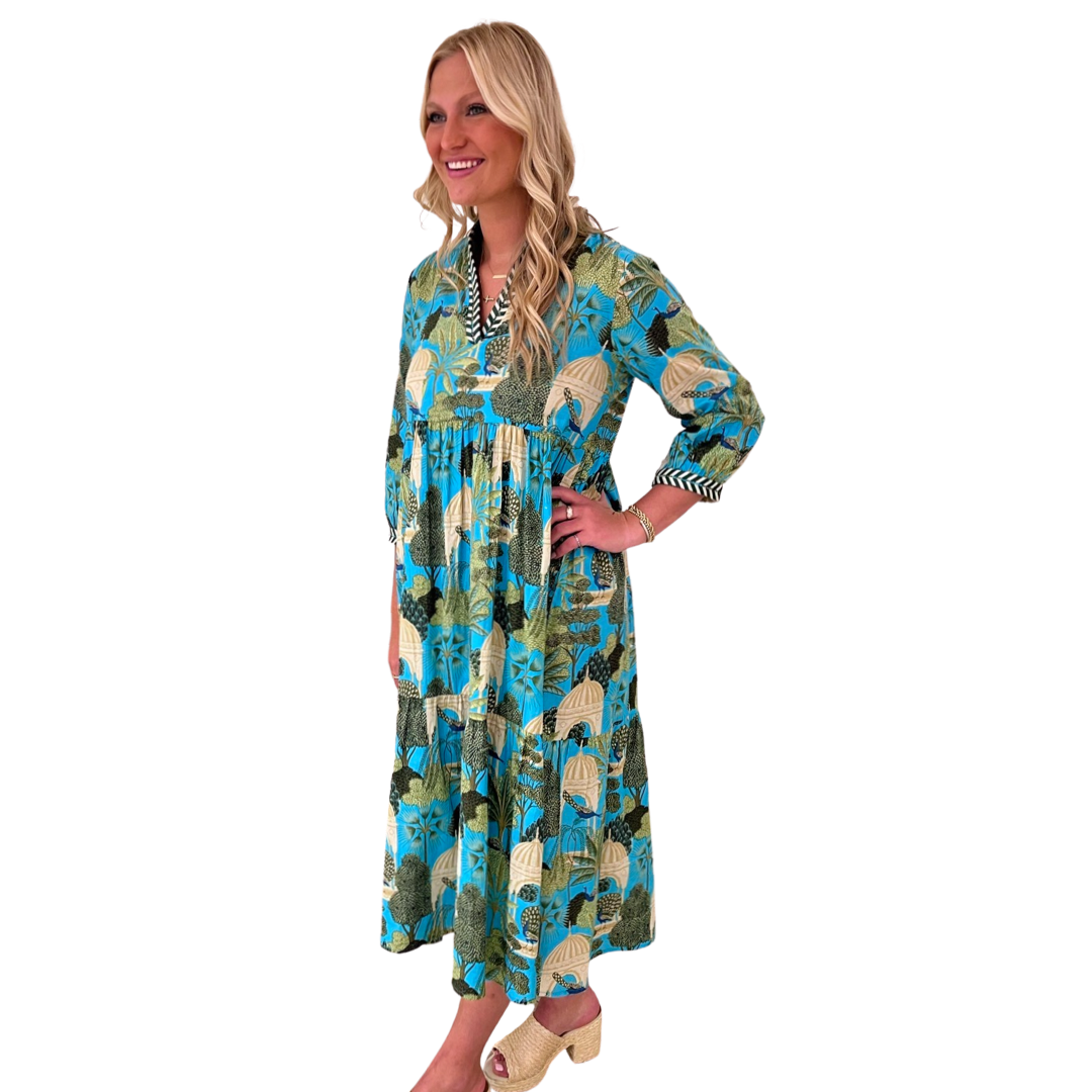 The Morley Long Length Dress in Turquoise Tropical Cabana Cotton — view 6