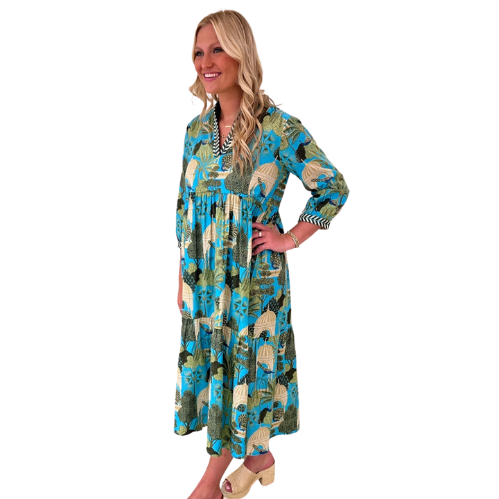 The Morley Long Length Dress in Turquoise Tropical Cabana Cotton — view 6