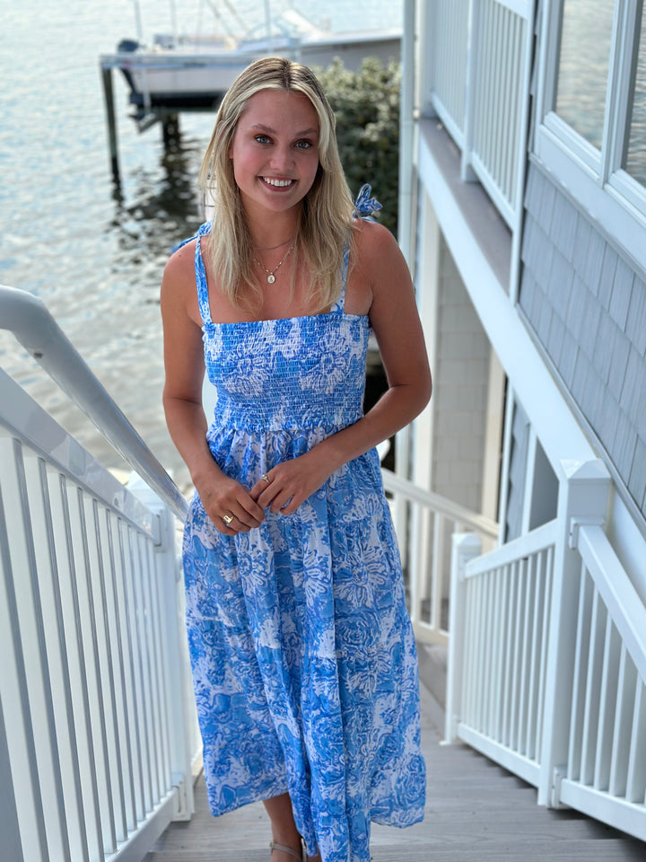 The Rebecca Smocked Top Tie Shoulder Dress in Blue and White Floral — view 7