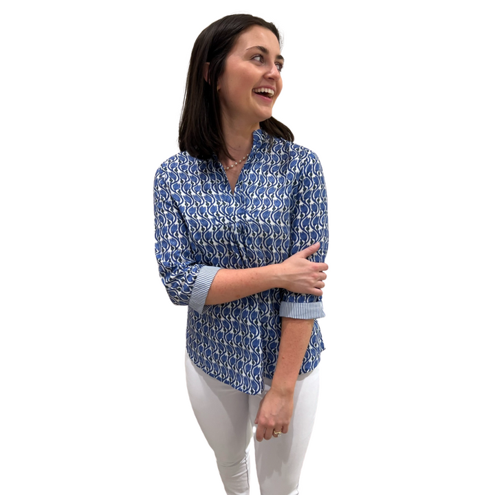 The Eloise Cotton Block Print Top in Blue Tulip Floral — view 2