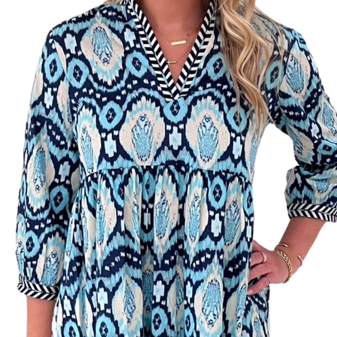The Morley Turquoise Ikat Embroidered Trim Dress — view 5