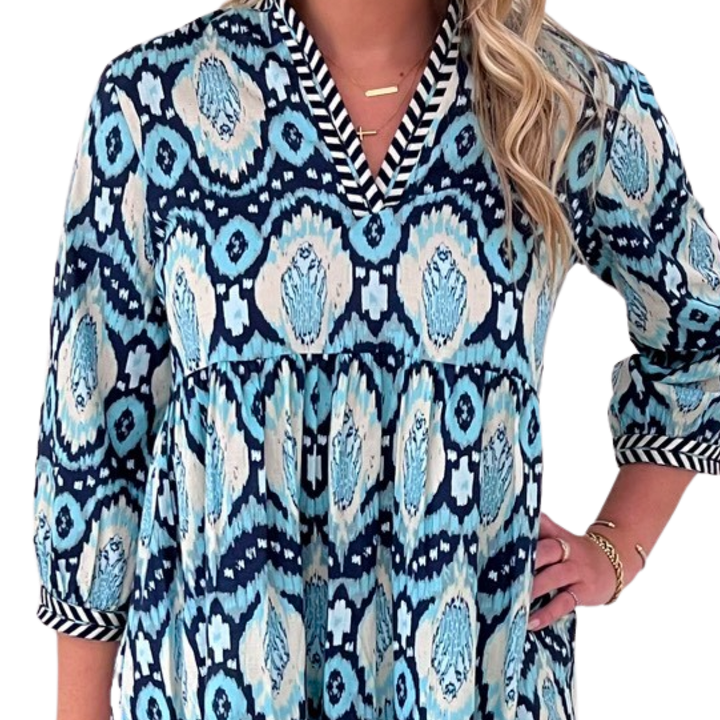 The Morley Turquoise Ikat Embroidered Trim Dress — view 5