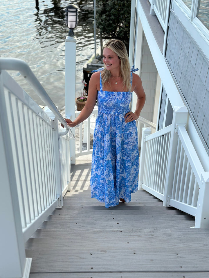 The Rebecca Smocked Top Tie Shoulder Dress in Blue and White Floral — view 6