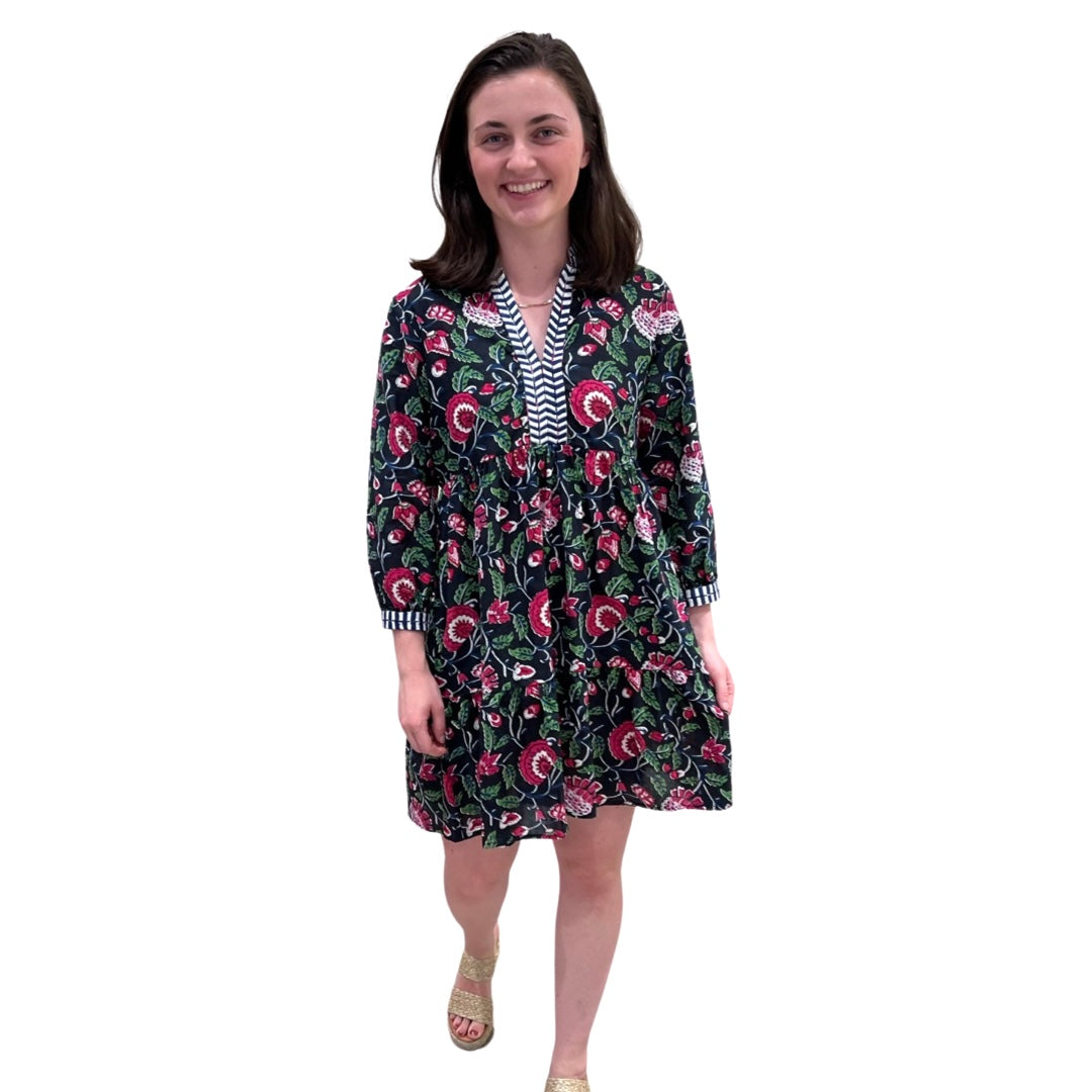The Naomi Cotton Block Print Black Pink Floral Dress with Embroidered Trim — view 5