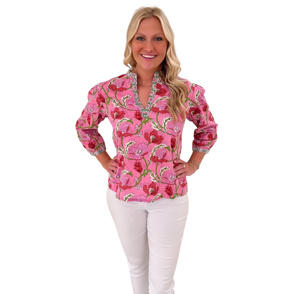 The Kelsea Cotton Block Print Top in Pink Floral — view 2
