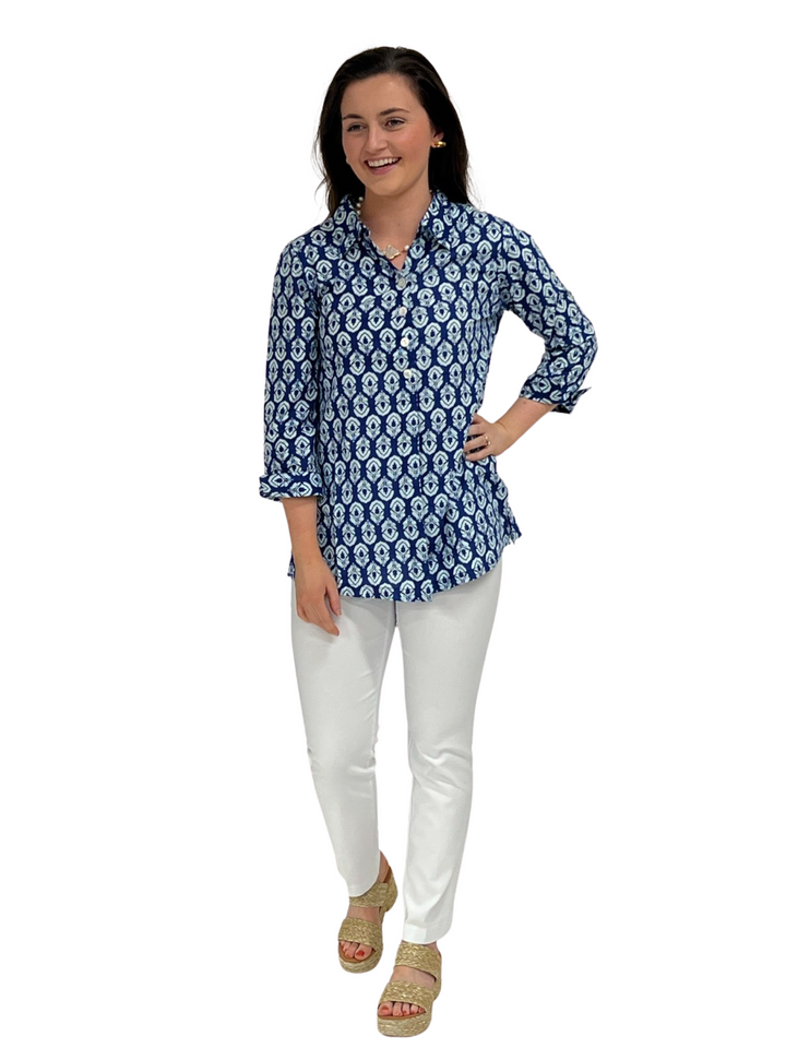 The Mason Navy Blue and White Cotton Button Back Top — view 3