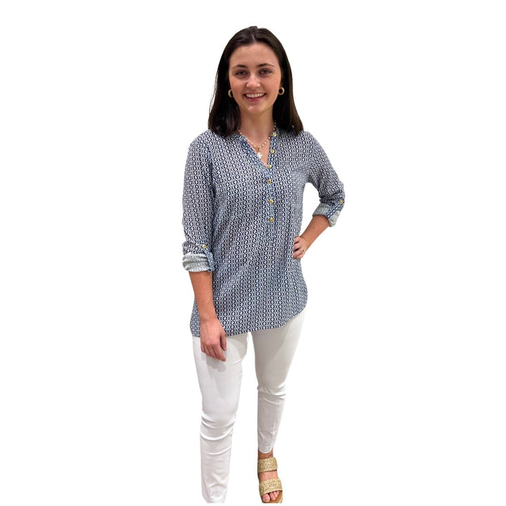 The Gretchen Button Front Long Sleeve top in Navy and White